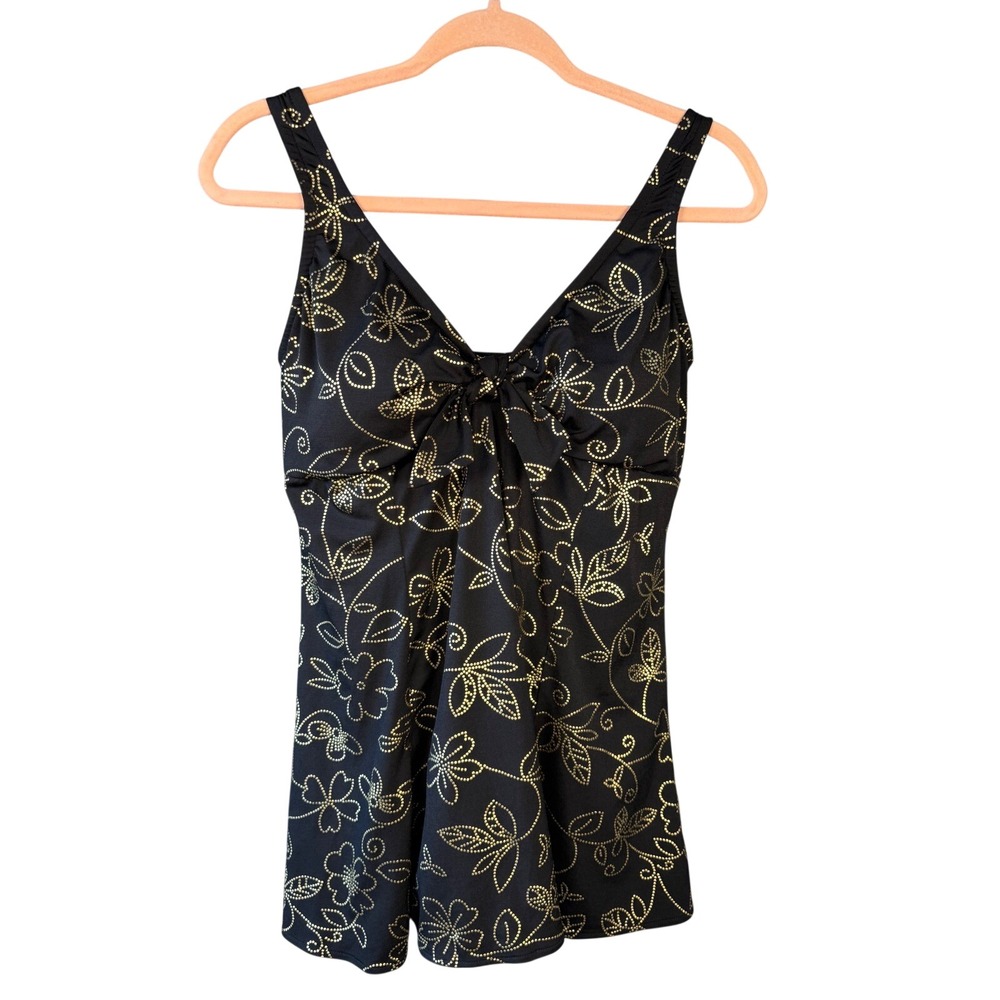 Slimshaper Swim Dress 14 Black Gold Floral Tummy Control Swimdress One Piece